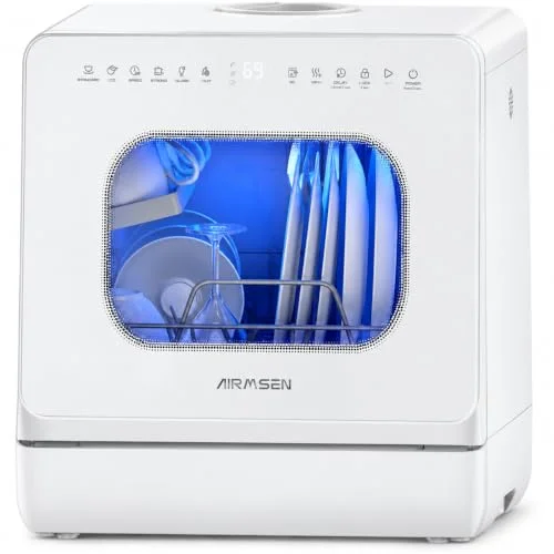 AIRMSEN countertop dishwasher with built-in water tank and softener in white