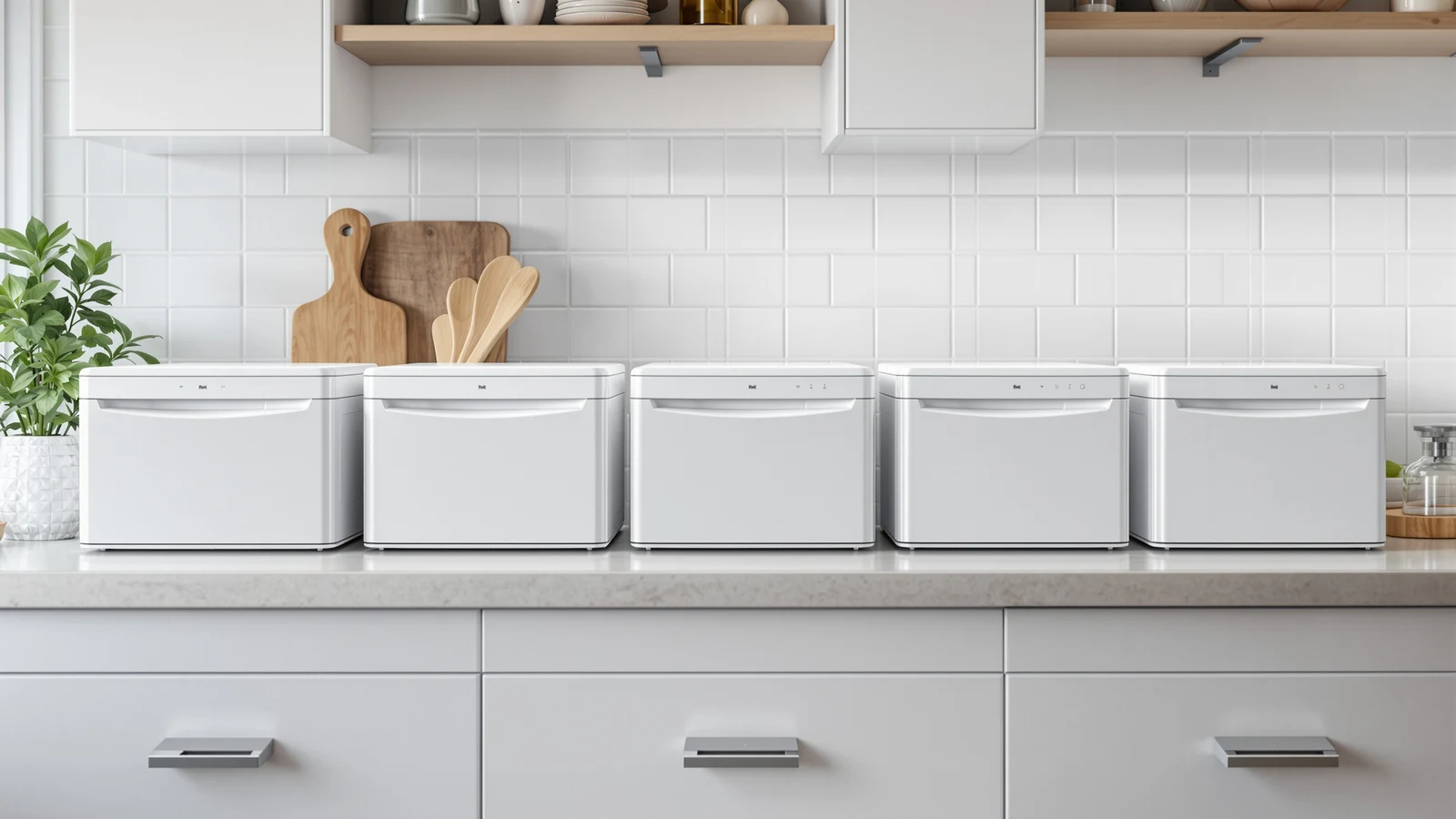 Five near-identical AIRMSEN portable countertop dishwasher listings shown side by side with different price tags on a kitchen counter