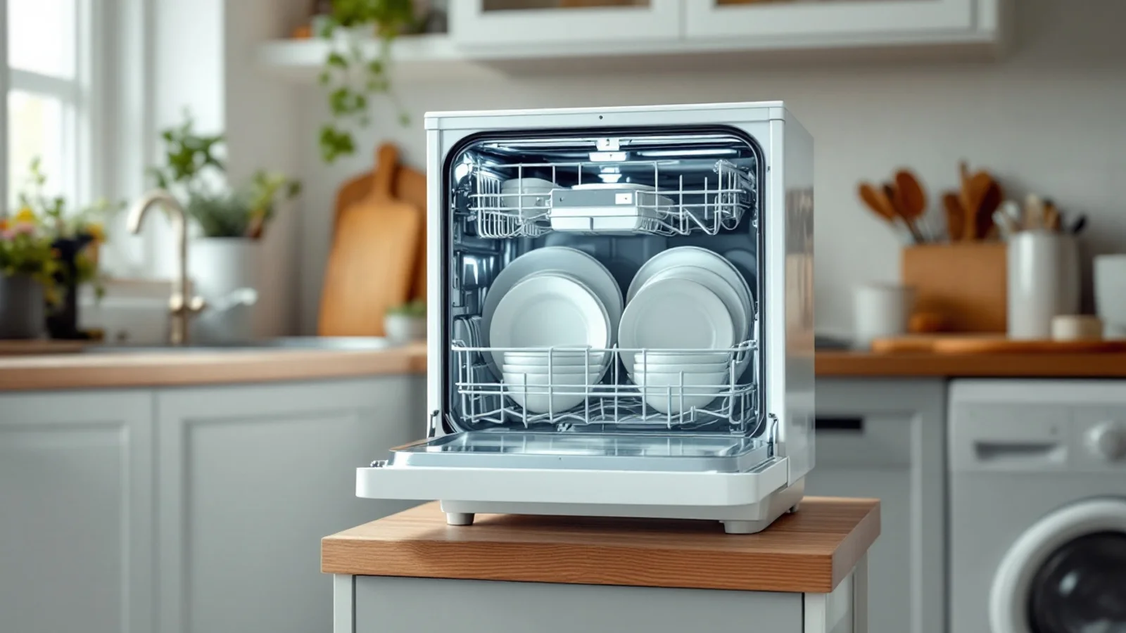 Compact countertop dishwasher on the worktop of a small apartment kitchen beneath a wall cabinet, next to the sink