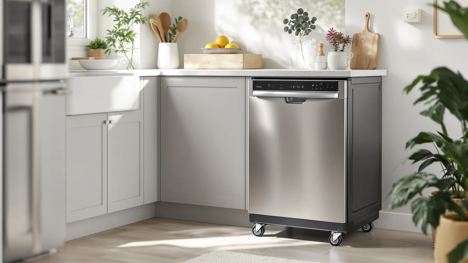 An 18-inch freestanding portable dishwasher on castors standing beside a kitchen sink, hose connected to the faucet