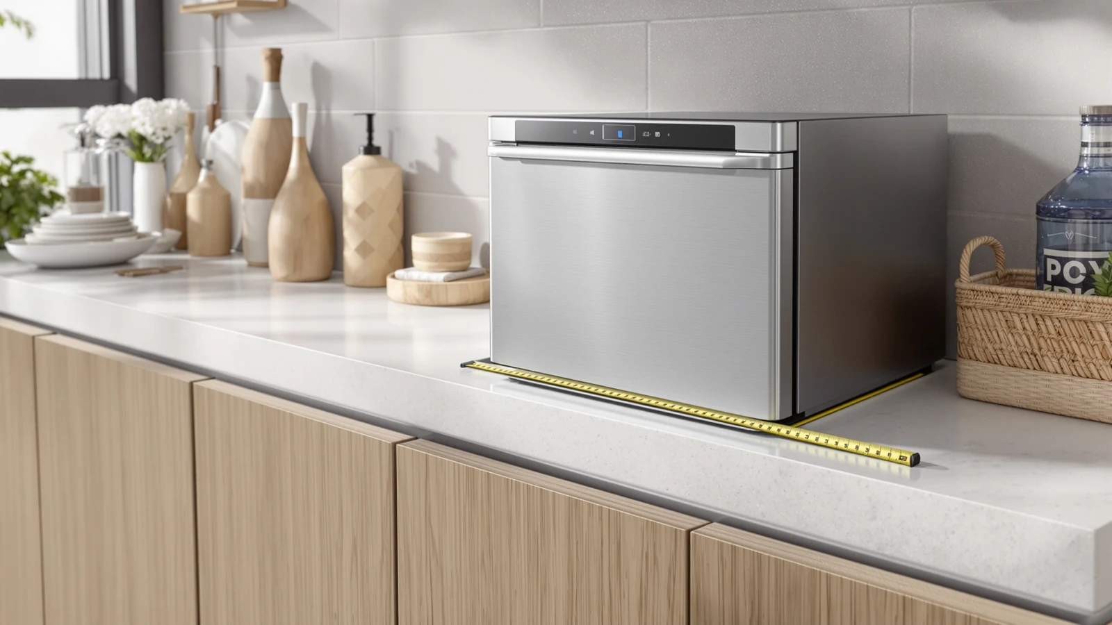 A narrow, shallow portable countertop dishwasher set flush on a tight rental kitchen counter