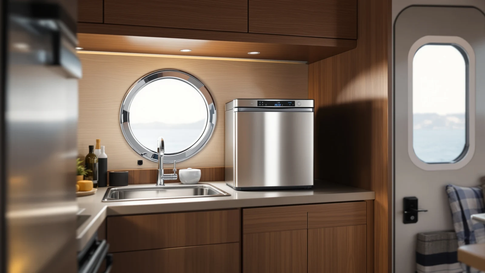 A compact countertop dishwasher braced on a galley counter aboard a boat, with a water jug and coiled hose nearby