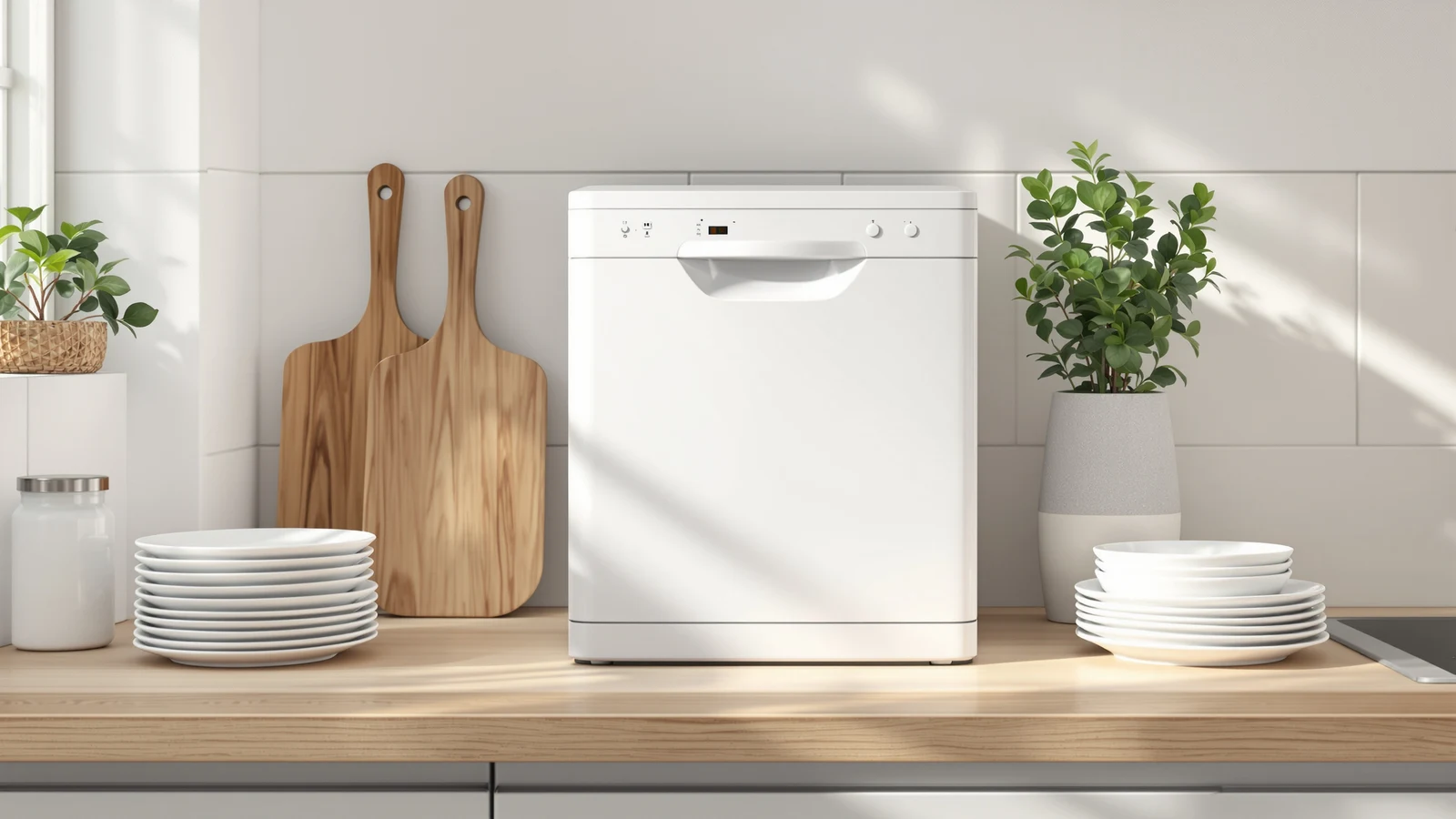 A compact countertop dishwasher on a narrow apartment kitchen counter with limited clearance under the upper cabinets