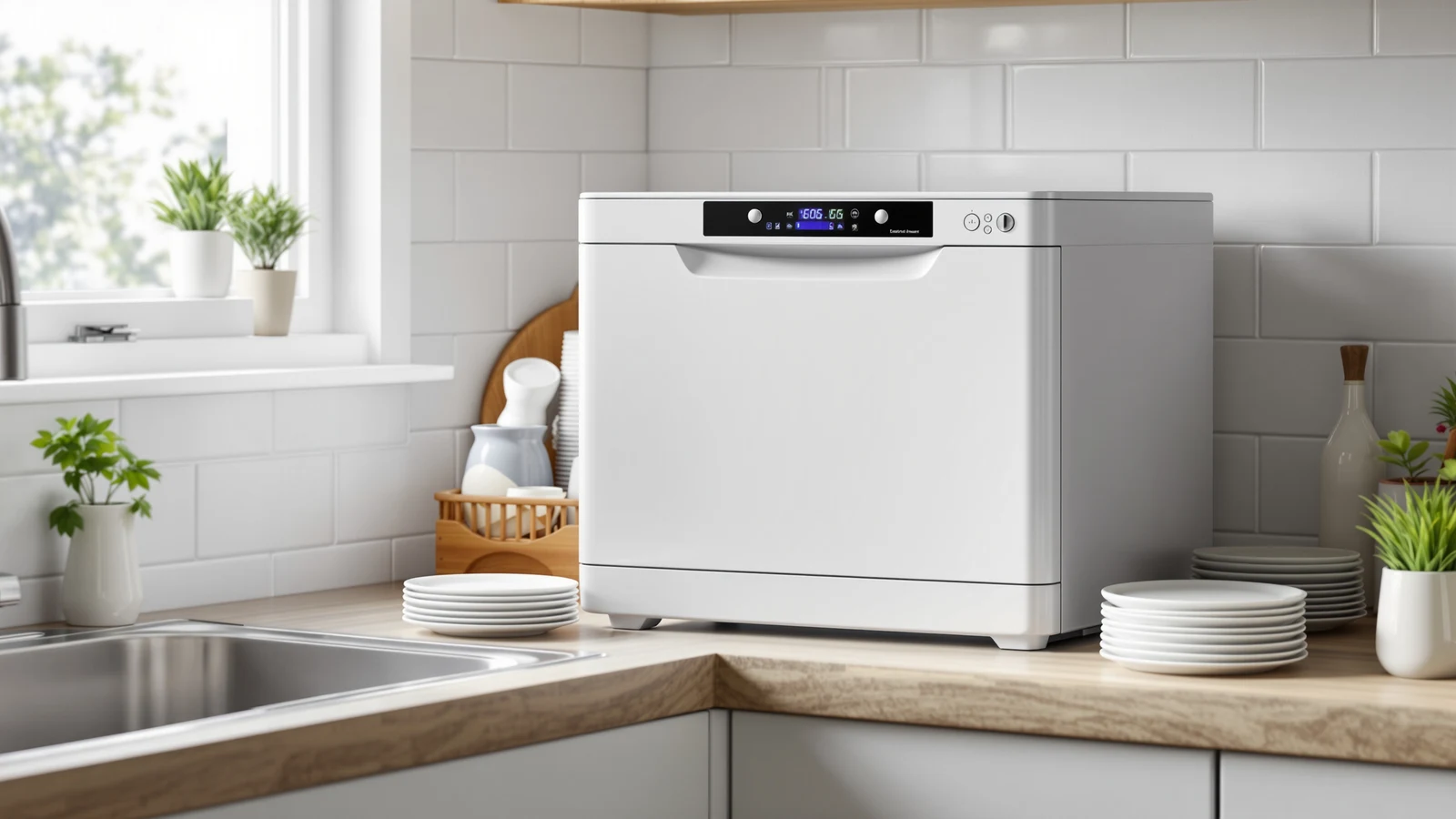 A small budget countertop dishwasher on a kitchen counter next to a stack of clean plates