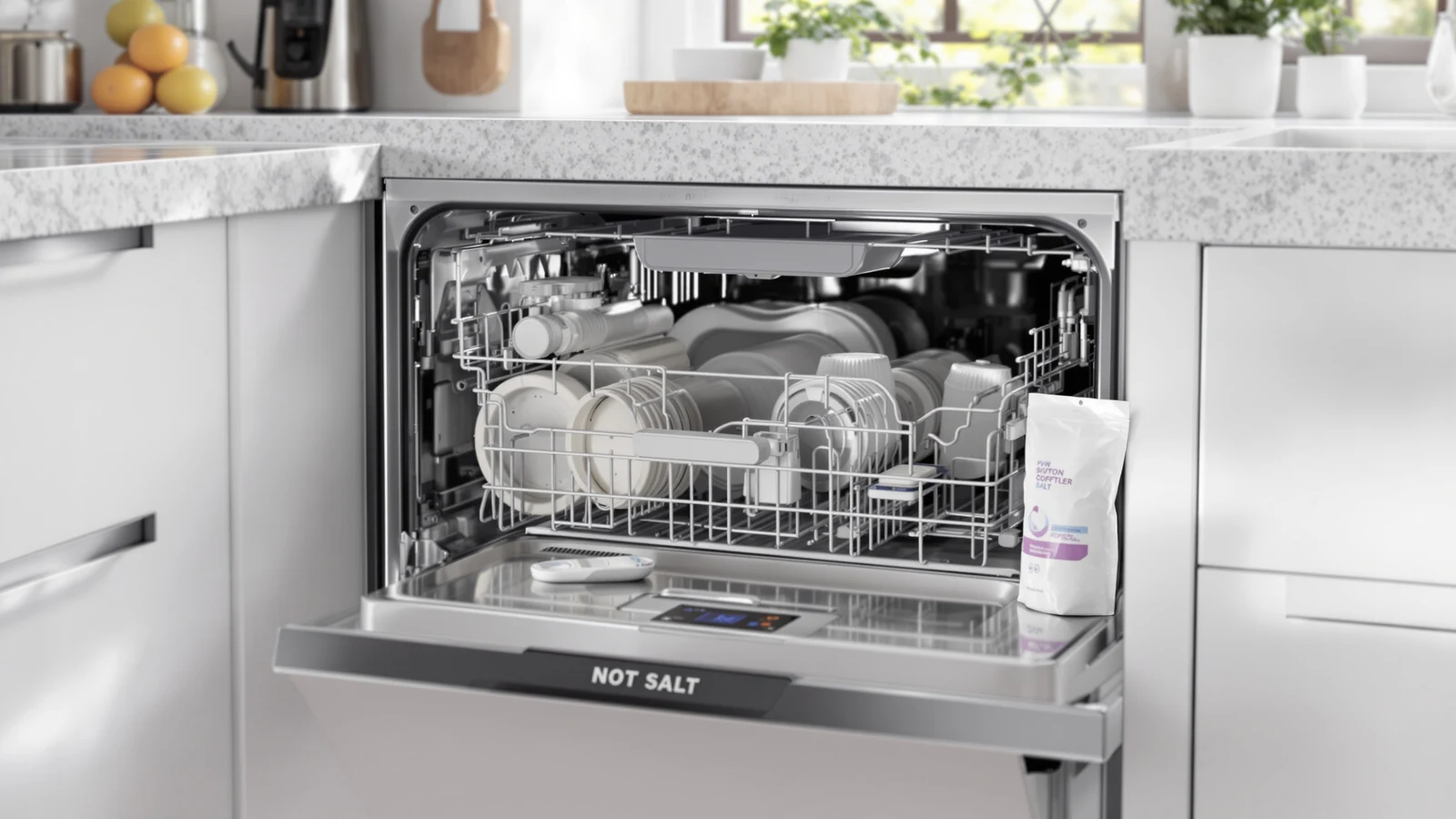 Compact countertop dishwasher with a water softener compartment open on a kitchen counter, showing a salt or cartridge access point