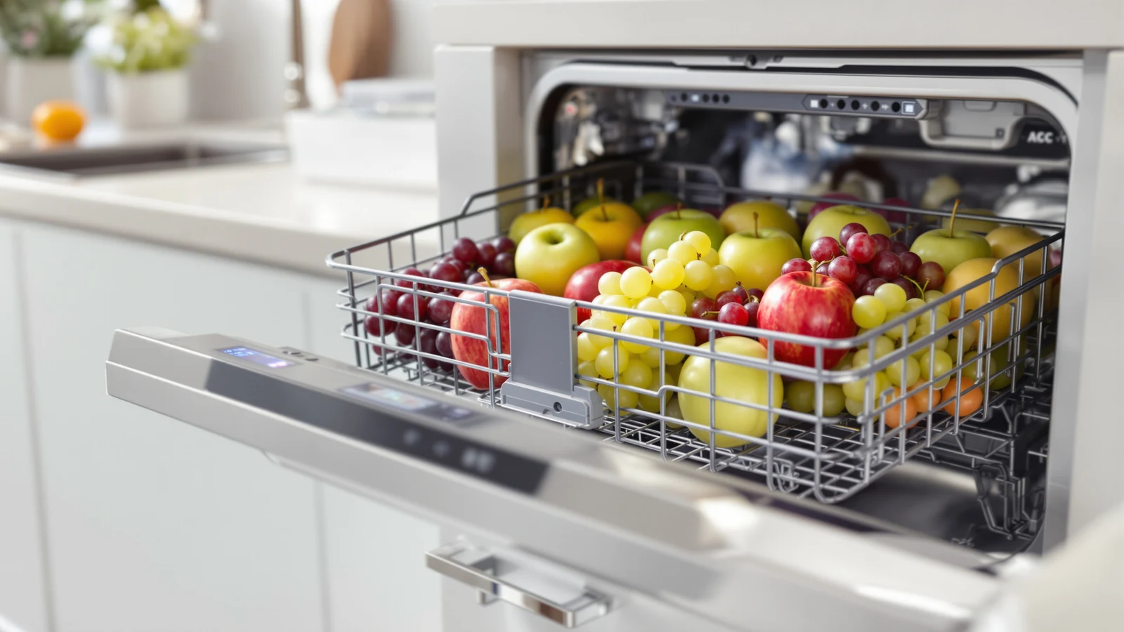 A colander of berries and produce beside the open rack of a countertop portable dishwasher set to its Fruit cycle