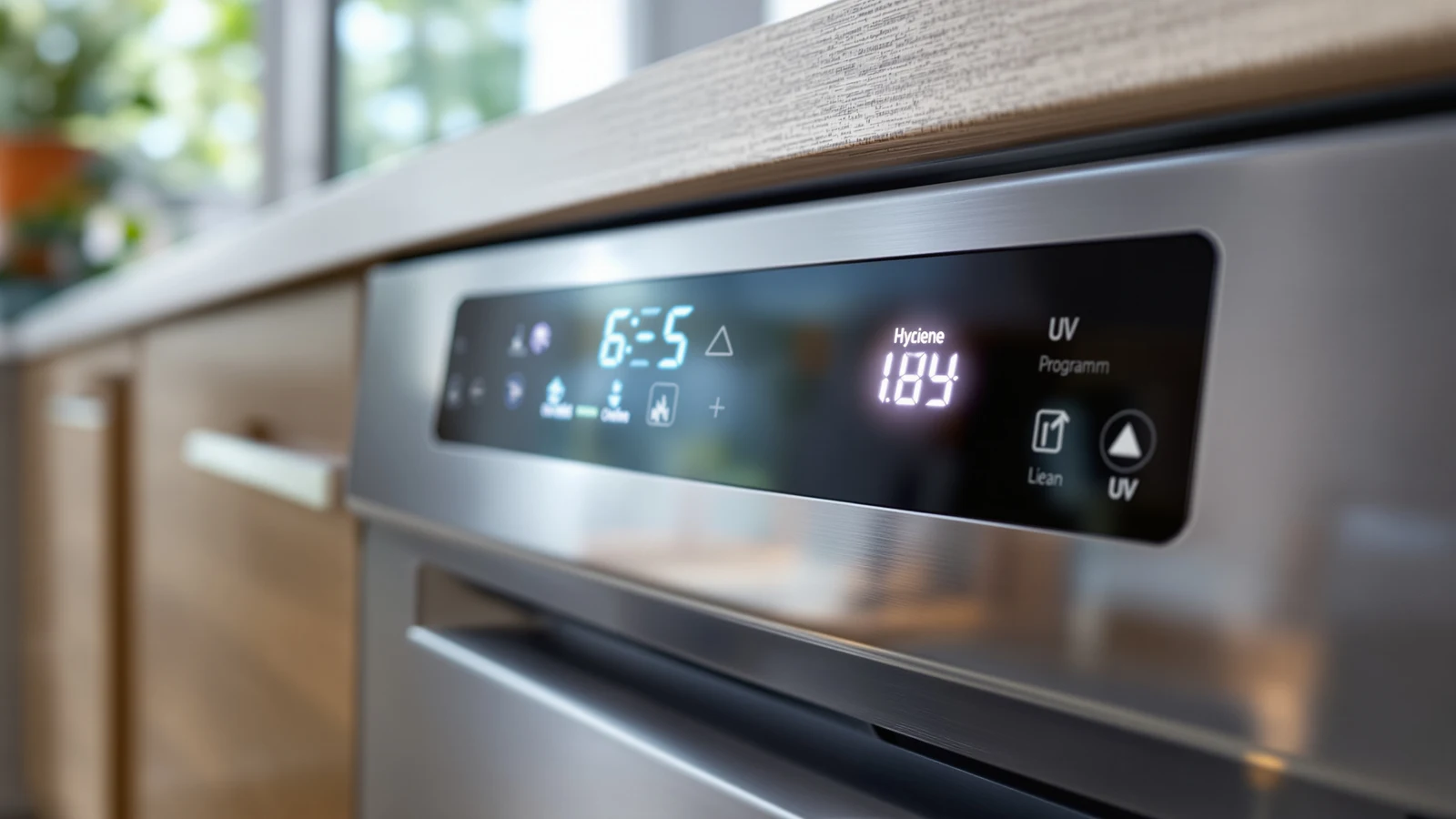 Close-up of a portable dishwasher control panel with a hygiene cycle setting, glasses visible inside through the open door