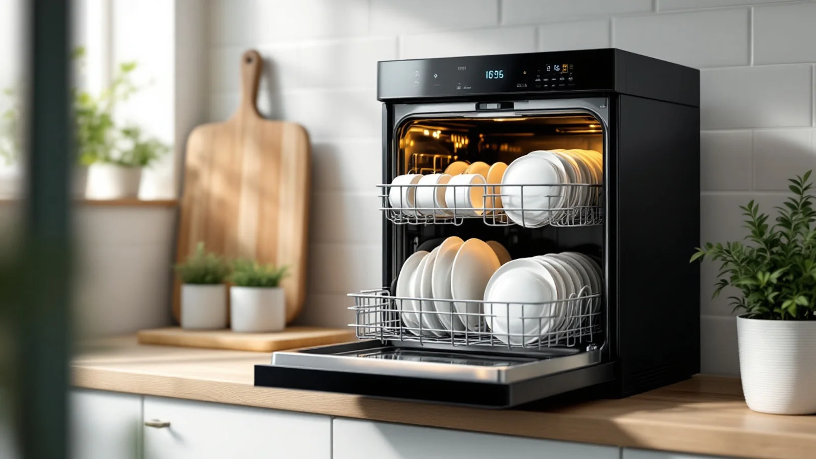 Compact white countertop dishwasher on a small kitchen counter beside a stack of clean plates