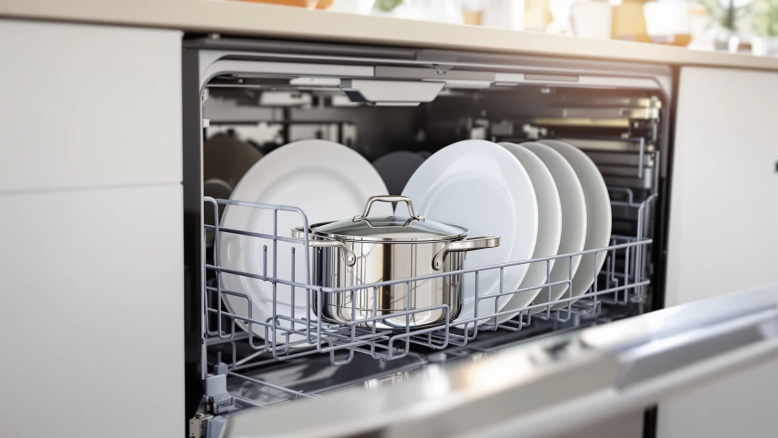 A large stockpot set beside the open rack of a countertop portable dishwasher, too tall to fit under the top spray arm