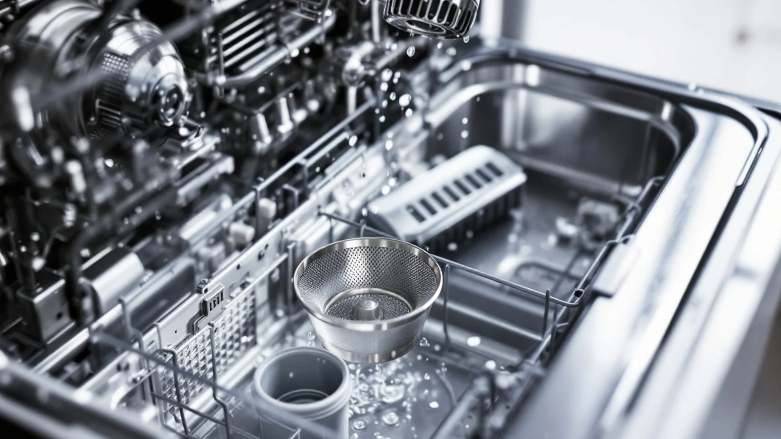 A compact countertop dishwasher with its door open on a kitchen counter, filter and spray arm removed and laid out for cleaning