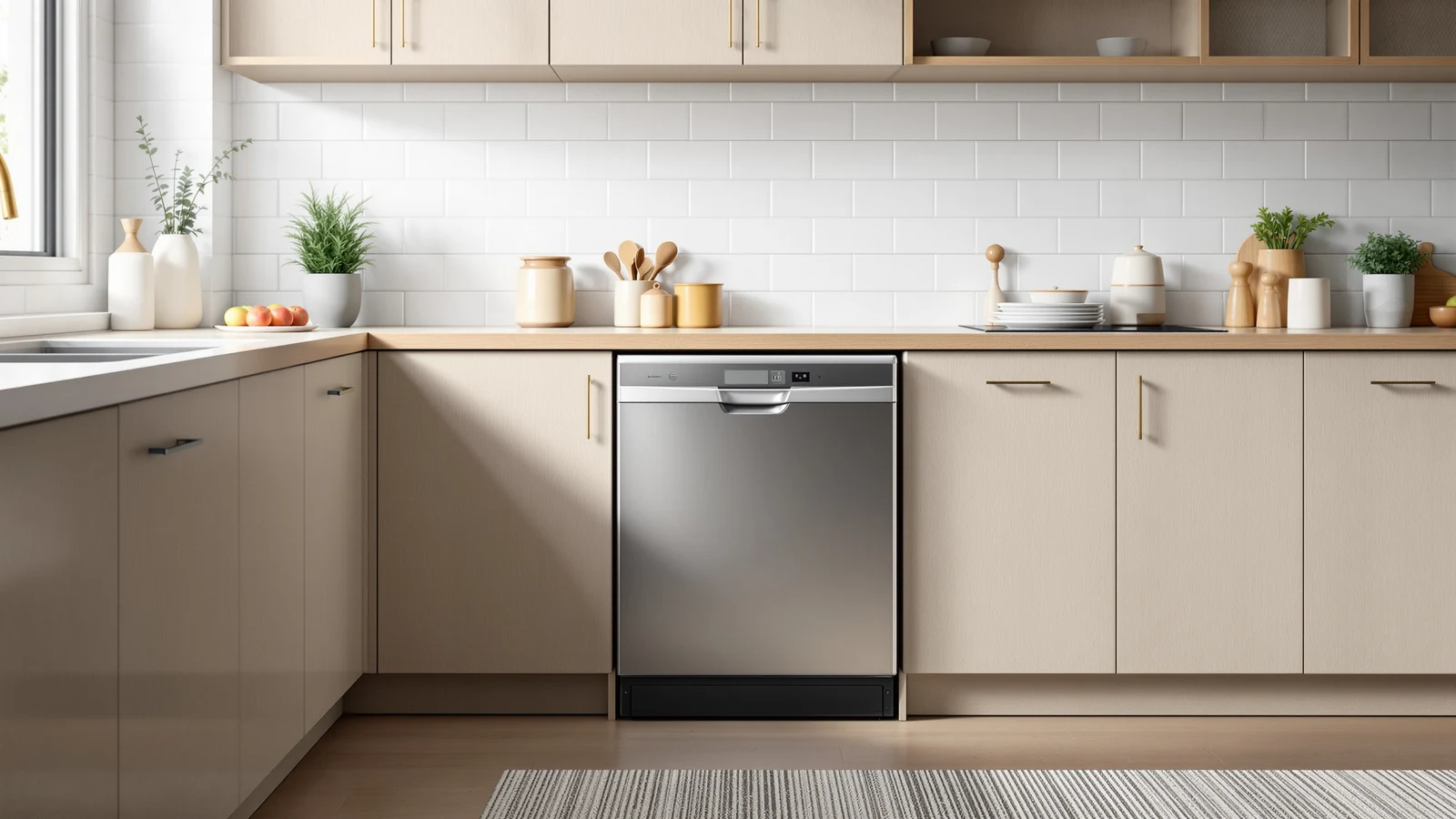 An 18-inch dishwasher finished with a full top panel standing freestanding in a kitchen, with its side panels set aside for a later built-in conversion