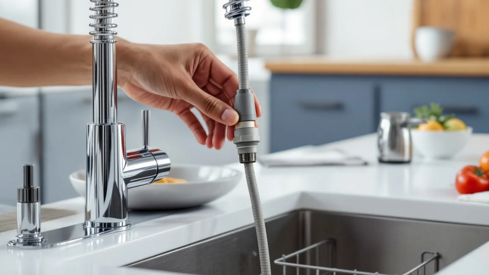 Countertop dishwasher connected to a kitchen faucet with a quick-connect adapter and a drain hose hooked over the sink edge