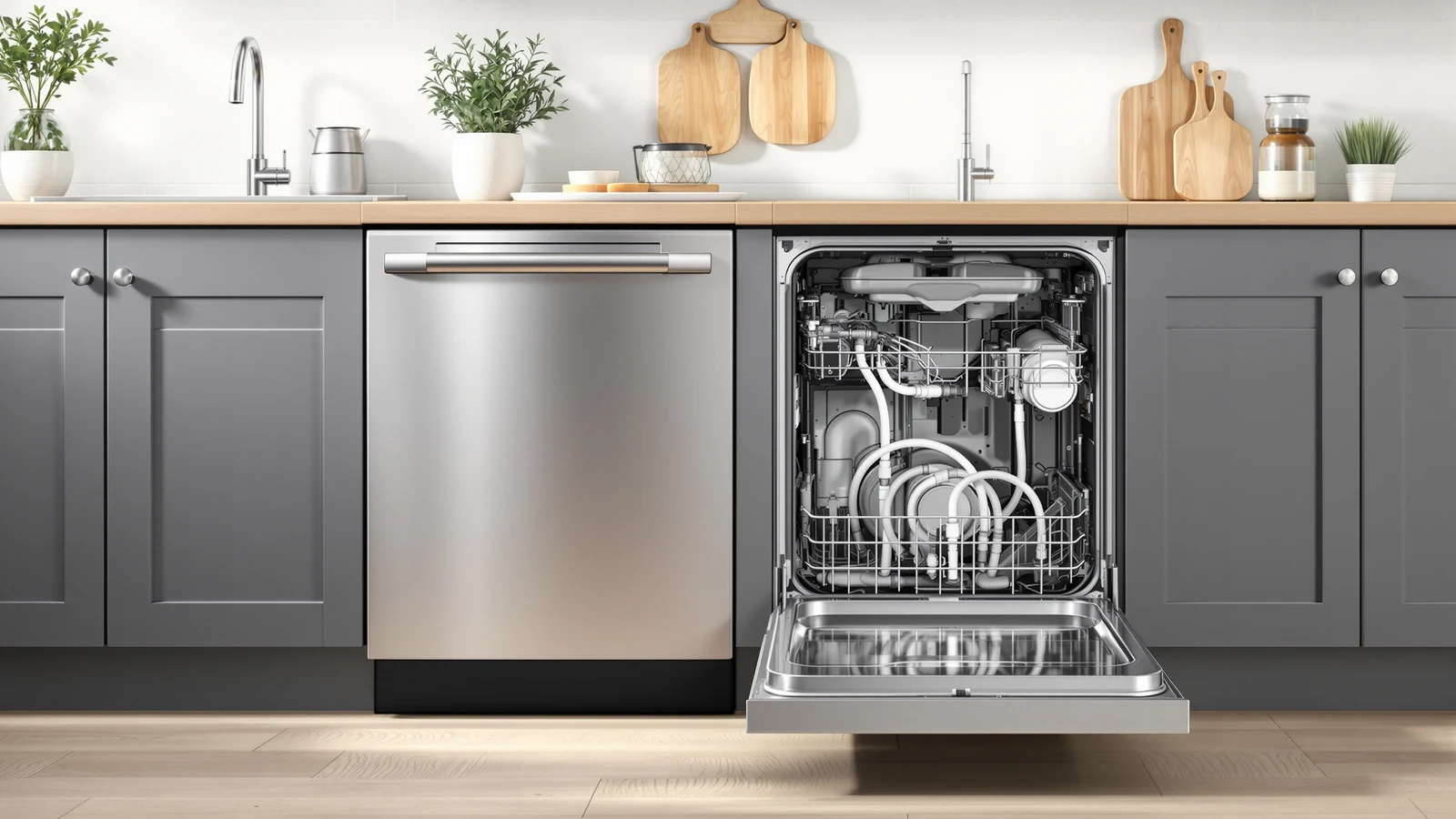 The open door of a small dishwasher showing a stainless steel tub, spray arm and heating element after years of use