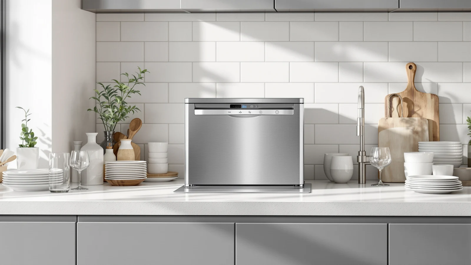 A compact countertop dishwasher and a freestanding 18-inch portable dishwasher side by side in a small kitchen
