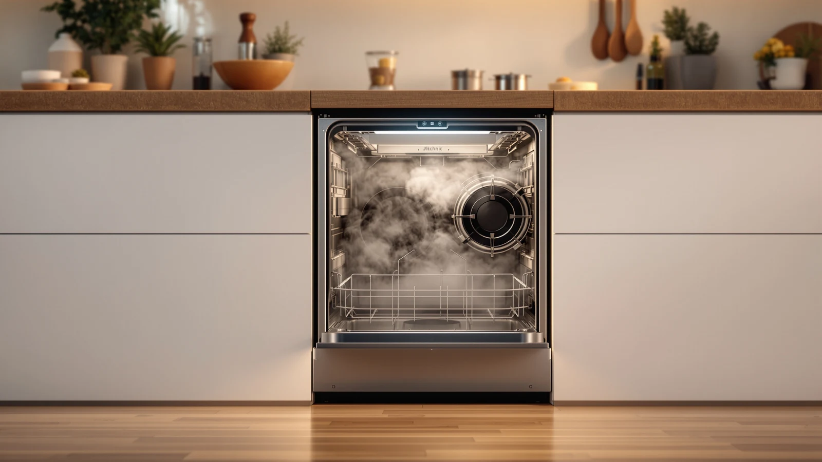 A countertop portable dishwasher running on a kitchen counter beside a utility bill and a calculator
