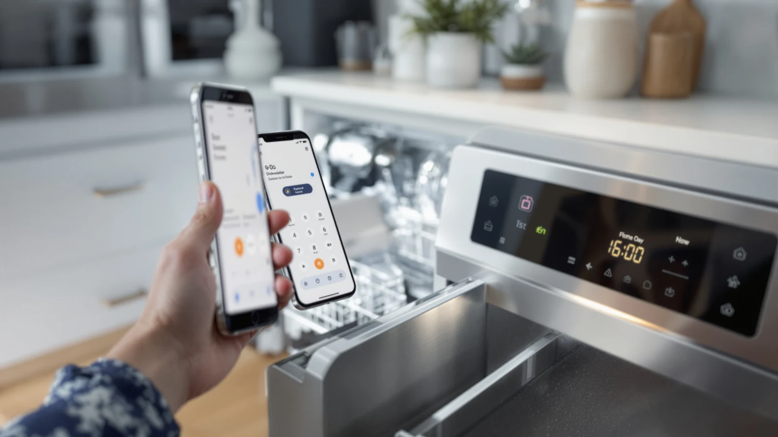 A stainless steel countertop dishwasher with a digital control panel next to a smartphone showing a dishwasher app