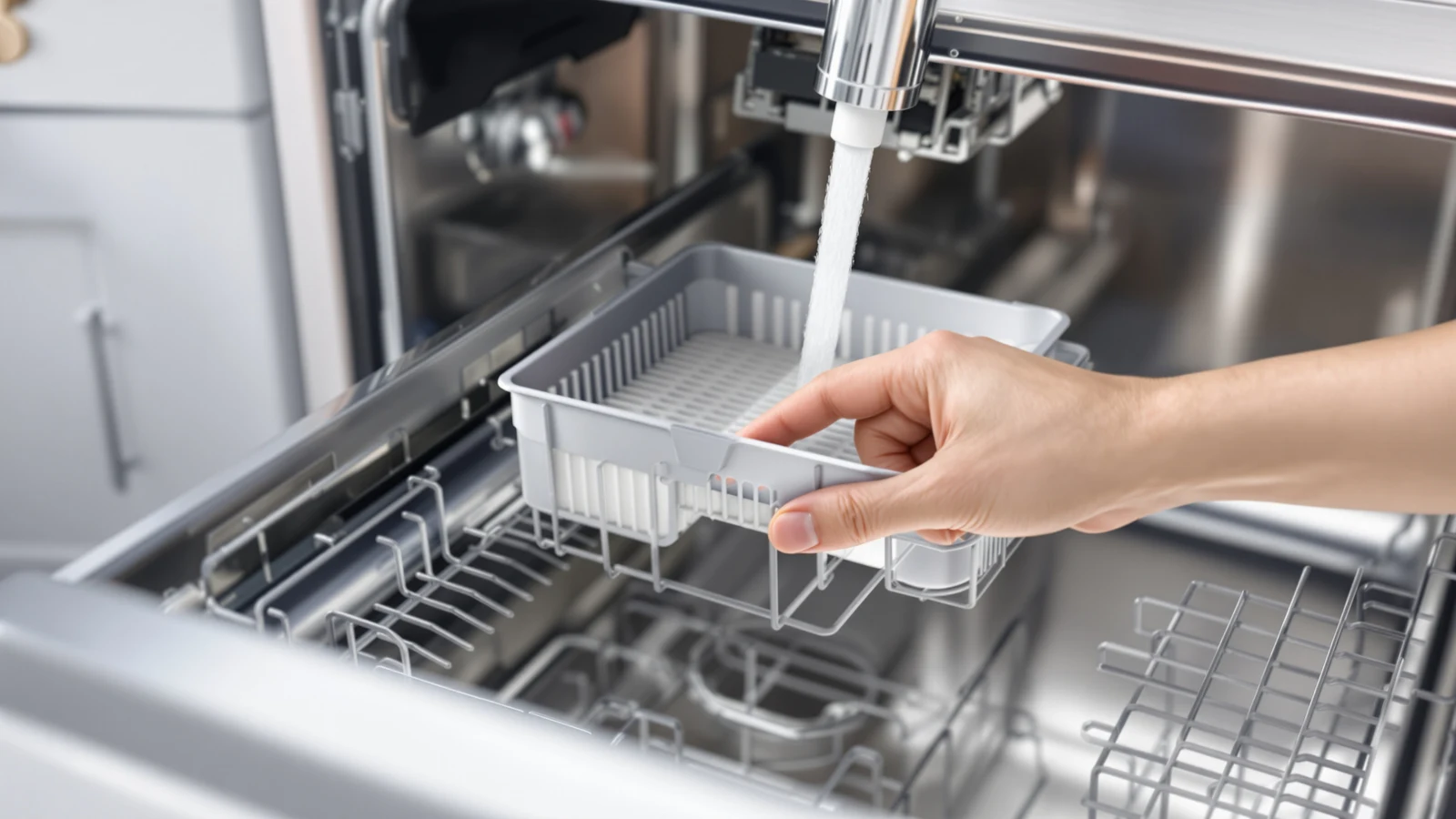 A portable dishwasher pulled from the counter with its drain hose, filter and faucet adapter laid out for troubleshooting