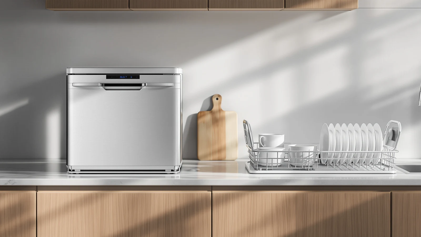A portable countertop dishwasher beside a stack of hand-washed dishes drying on a rack on a kitchen counter