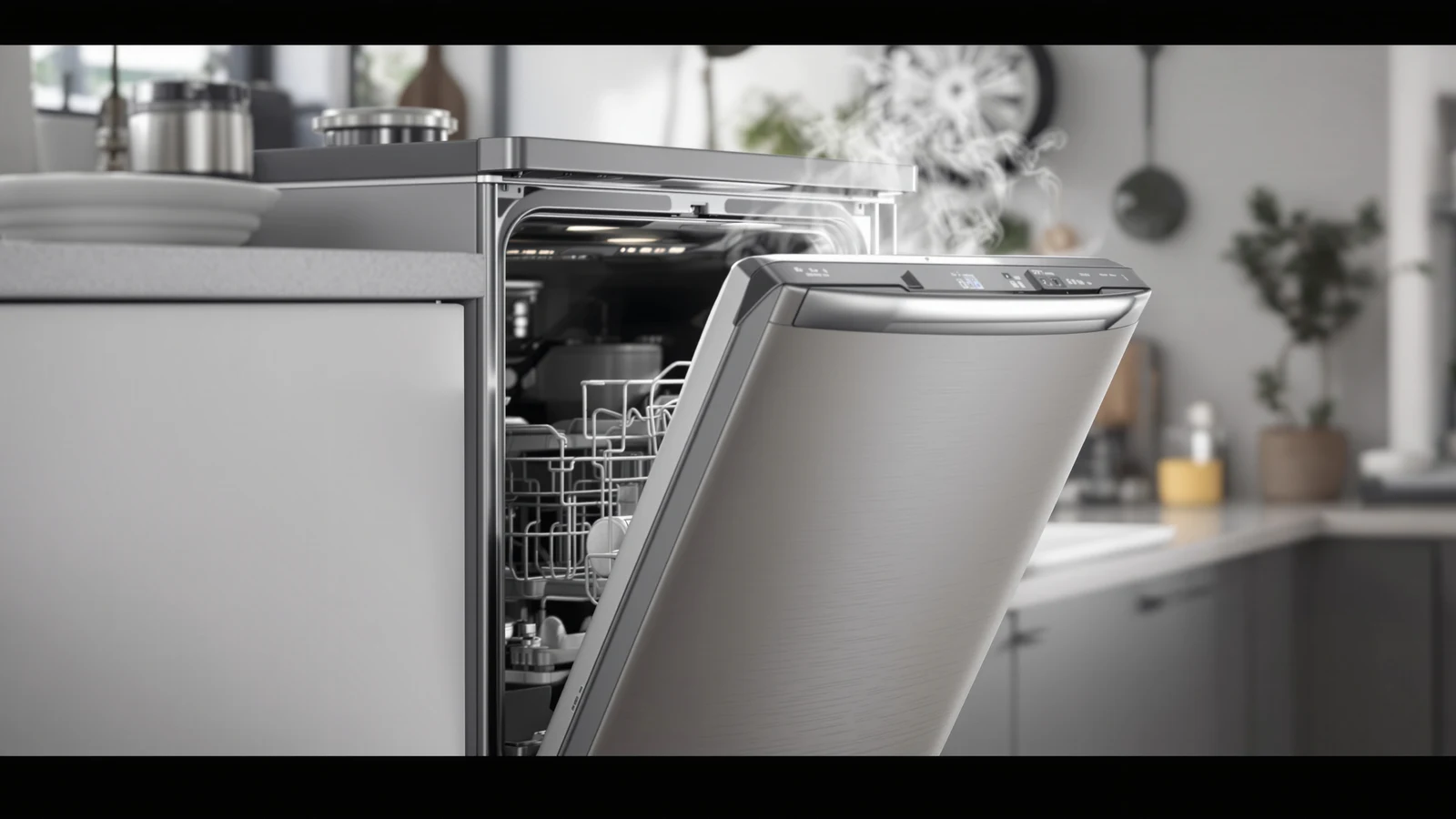 A countertop portable dishwasher with its door cracked open a few inches at the end of a cycle, releasing steam into the kitchen