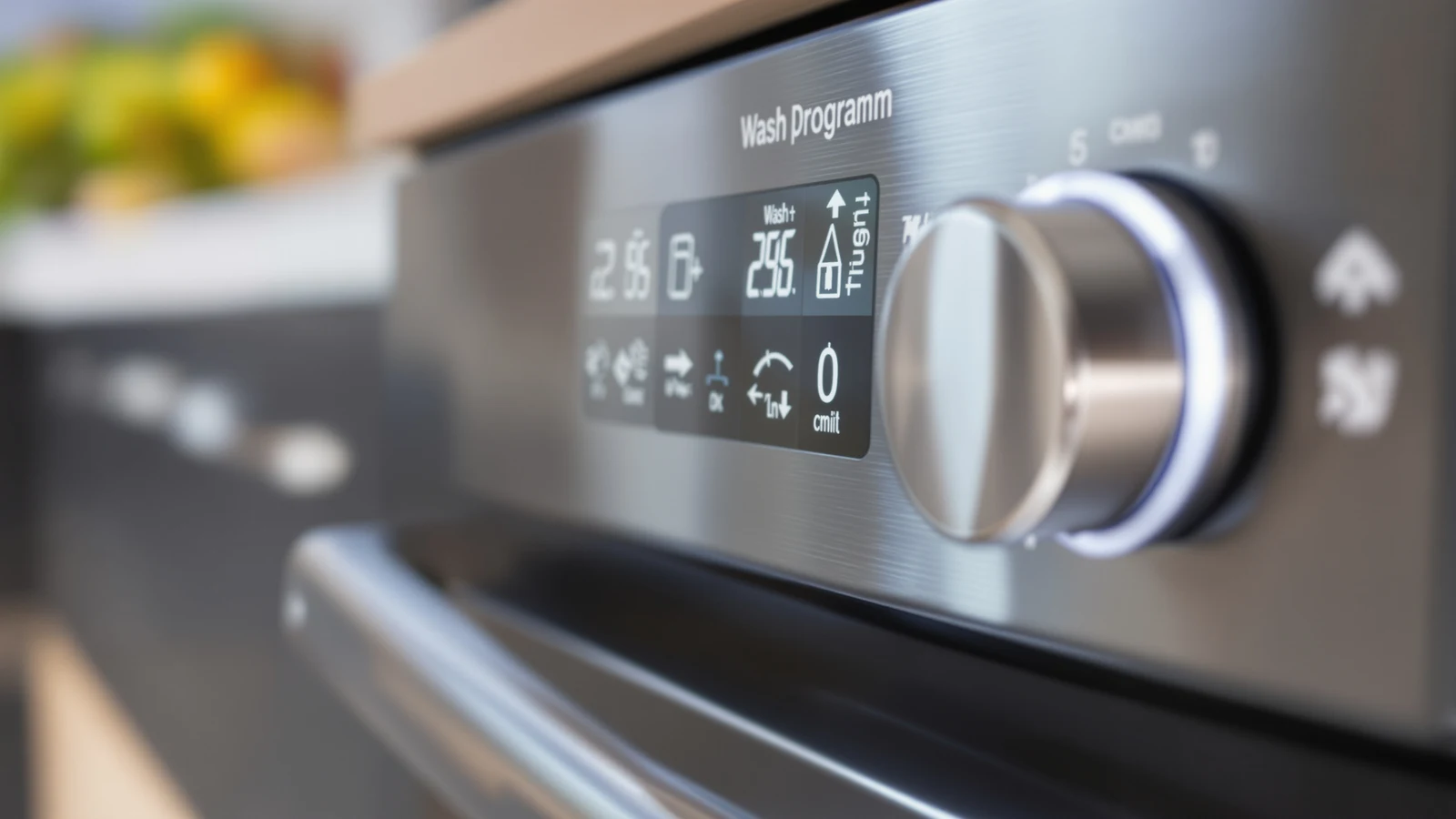 Control panel of a countertop dishwasher showing a row of wash program icons and a selector dial