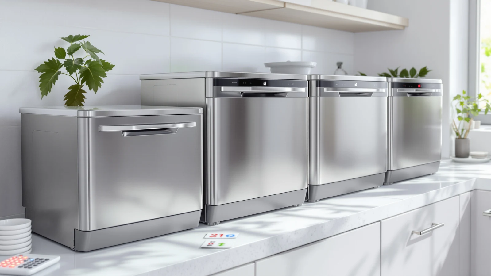 A hand holding a calculator and receipt beside a compact countertop dishwasher loaded with plates and cups