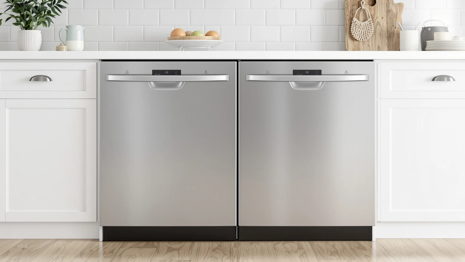 Two similar-looking SPT 18-inch portable dishwashers side by side, one in stainless steel and one in white, with near-identical model numbers on their control panels