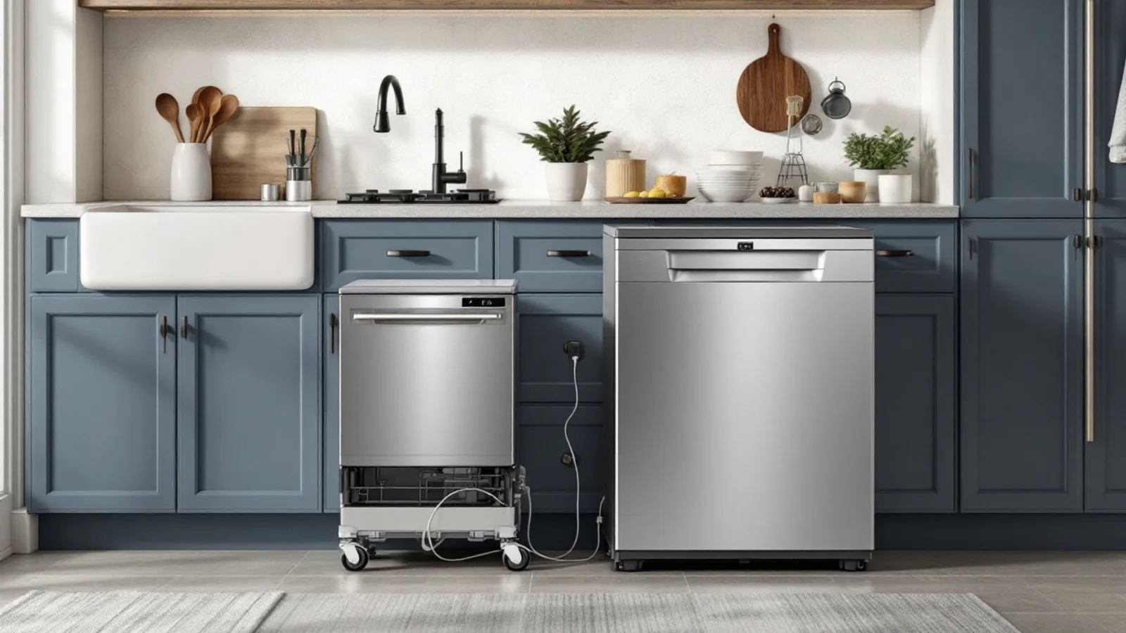 A compact countertop dishwasher beside a full-height 18-inch portable dishwasher on castors in a small kitchen