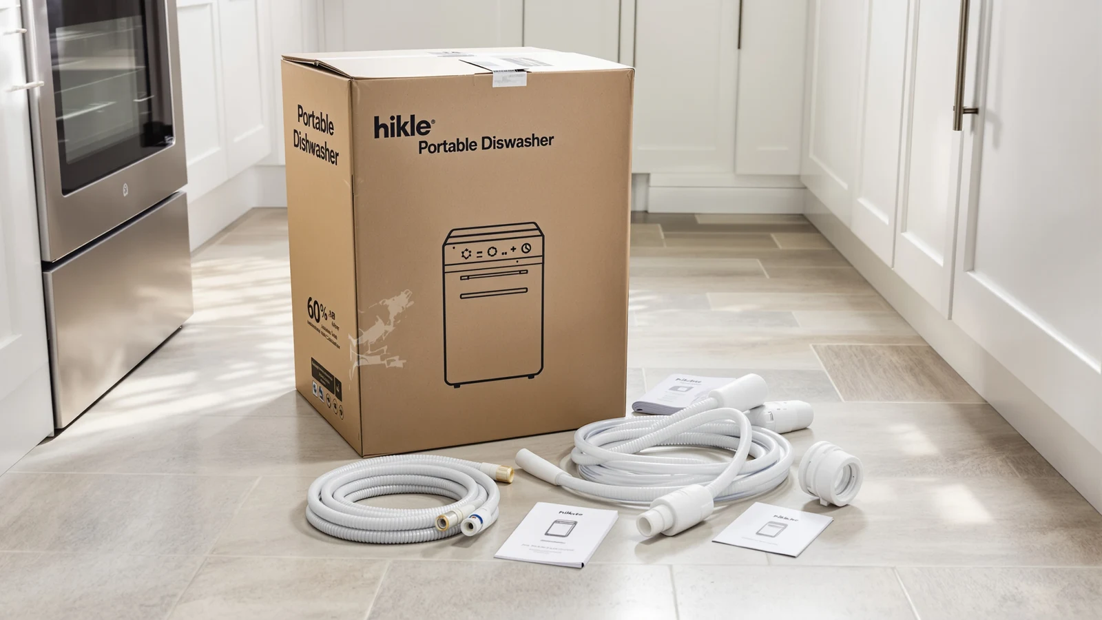 Portable dishwasher box opened on a kitchen floor with the unit, a coiled hose, a faucet adapter and a printed manual laid out beside it