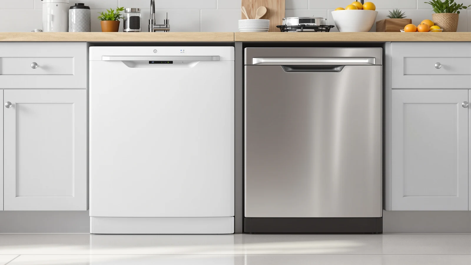 A white portable dishwasher and a stainless steel portable dishwasher side by side in a kitchen